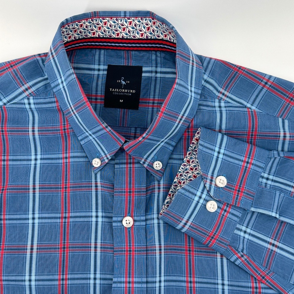 Tailorbyrd Collection‎ Mens Medium Blue Red Plaid Button Down Long Sleeve Shirt